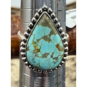 925 Sterling Silver Teardrop Ring  Beaded Edge Turquoise Gemstone Women Size 8
